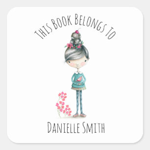 Cute Boho Girl With Bird Bookplate Square Sticker
