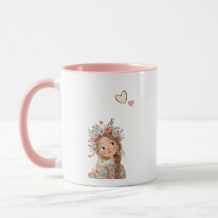 Cute Boho Girl with Flower Crown Pink Mug