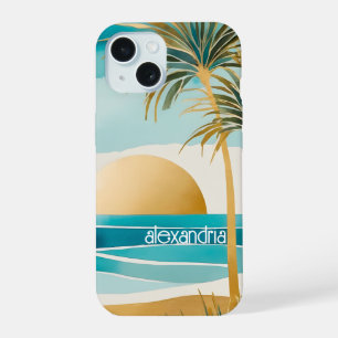 Cute Boho Gold Abstract Beach Landscape With Name iPhone 15 Case