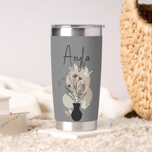 Cute Boho Line Art Flowers and Butterflies Grey Insulated Tumbler
