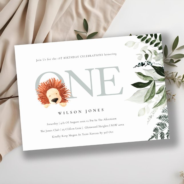 Cute Boho Lion Foliage 1st First Birthday Invite (Creator Uploaded)
