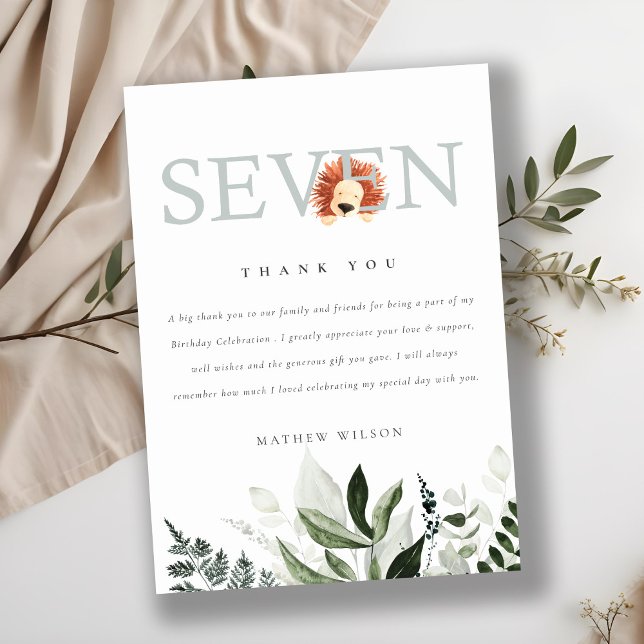 Cute Boho Lion Foliage 7th Seventh Birthday Thank You Card (Creator Uploaded)