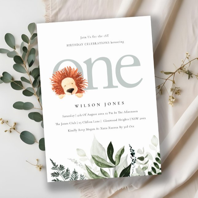 Cute Boho Lion Foliage First Birthday Party Invite (Creator Uploaded)