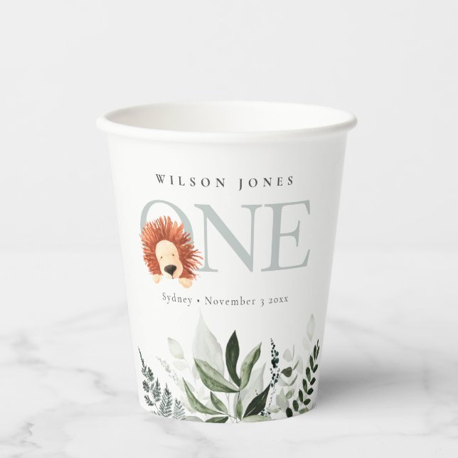 Cute Boho Lion Foliage First Birthday Party Paper Cups (Front)