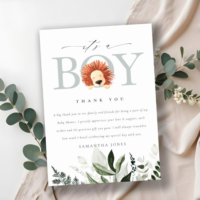 Cute Boho Lion Foliage It's a Boy Baby Shower Thank You Card (Creator Uploaded)