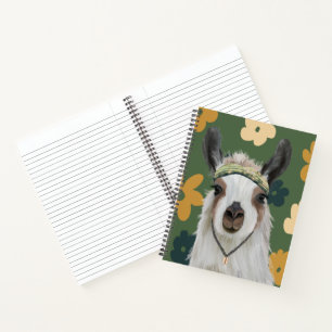 Cute Boho Llama - Green Retro Flowers Notebook