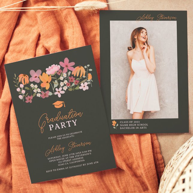 Cute boho meadow orange wildflower graduation invitation (Creator Uploaded)