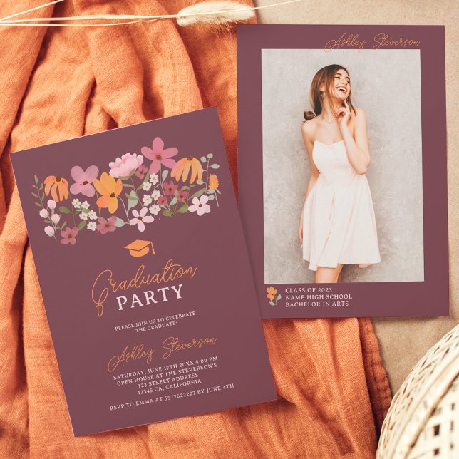 Cute boho meadow orange wildflower graduation invitation (Creator Uploaded)