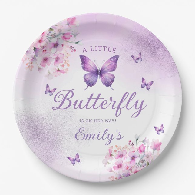 Cute Boho Modern Butterfly floral girl baby shower Paper Plate (Front)