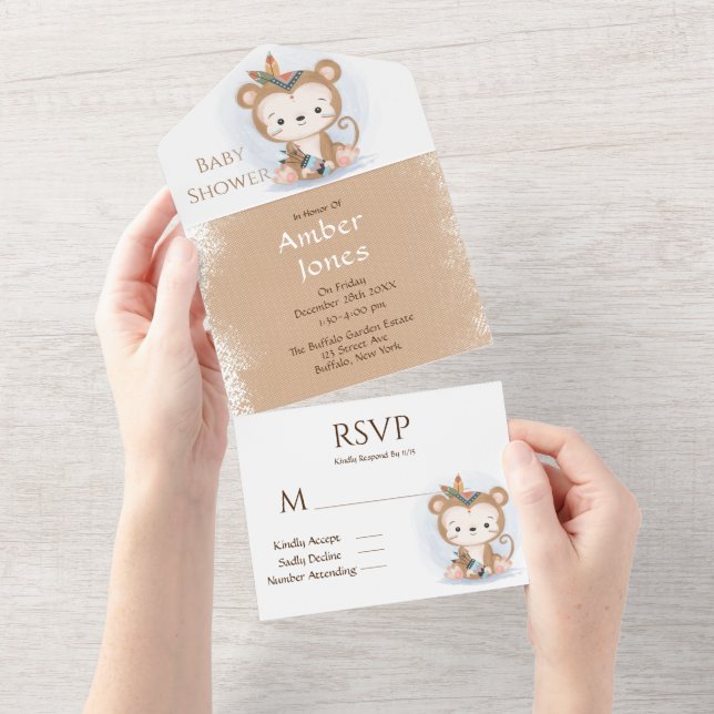 Cute Boho Monkey Baby Shower All In One Invitation (Tearaway)