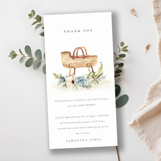 Cute Boho Nursery Blue Floral Bassinet Baby Shower Thank You Card (Creator Uploaded)