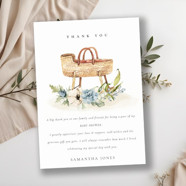 Cute Boho Nursery Blue Floral Bassinet Baby Shower Thank You Card (Creator Uploaded)