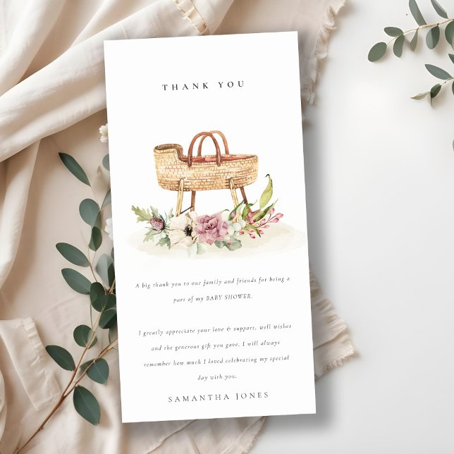 Cute Boho Nursery Pink Floral Bassinet Baby Shower Thank You Card (Creator Uploaded)