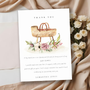 Cute Boho Nursery Pink Floral Bassinet Baby Shower Thank You Card