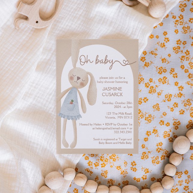 Cute Boho Oh Baby Bunny Baby Shower Invitation (Creator Uploaded)