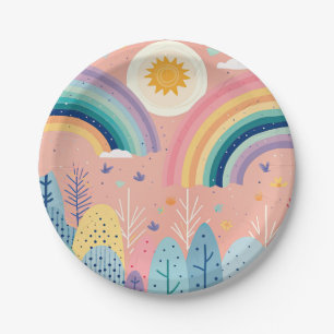 Cute Boho Pastel Rainbow & Sun Above Forest Paper Plate