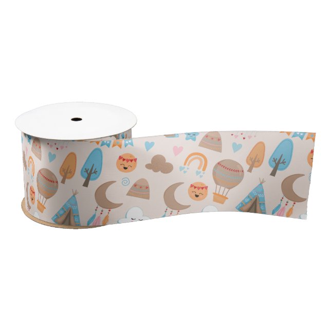 Cute Boho Pattern on Brown Satin Ribbon (Spool)