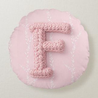 Cute boho pink crocheted letter F Round Pillow