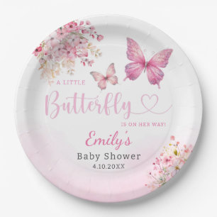 Cute Boho Pink Floral Butterfly Girl Baby Shower Paper Plate