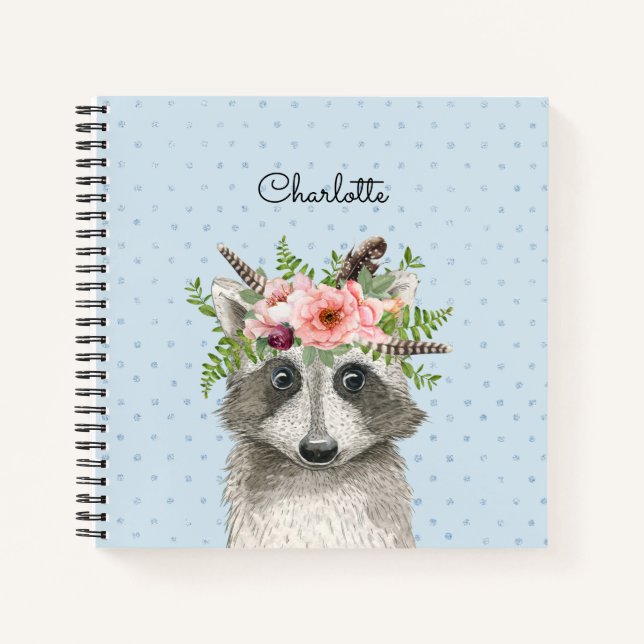Cute Boho Racoon with Floral and Feathers Crown Notebook (Front)