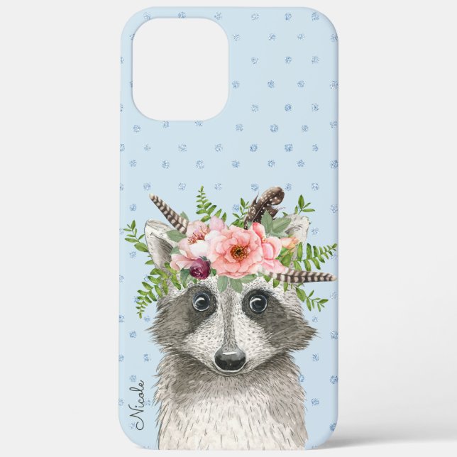 Cute Boho Racoon with Floral Crown and Name Case-Mate iPhone Case (Back)