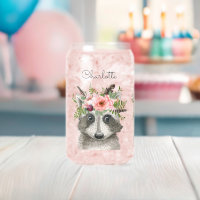 Cute Boho Racoon with Flower and Feathers Crown