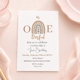 Cute Boho Rainbow mr one derful Birthday Invitation