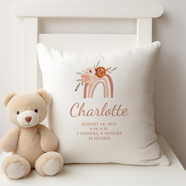 Cute Boho Rainbow | Newborn Baby Birth Stats Cushion (A cute, boho baby birth stats pillow with a terracotta rainbow and flowers)