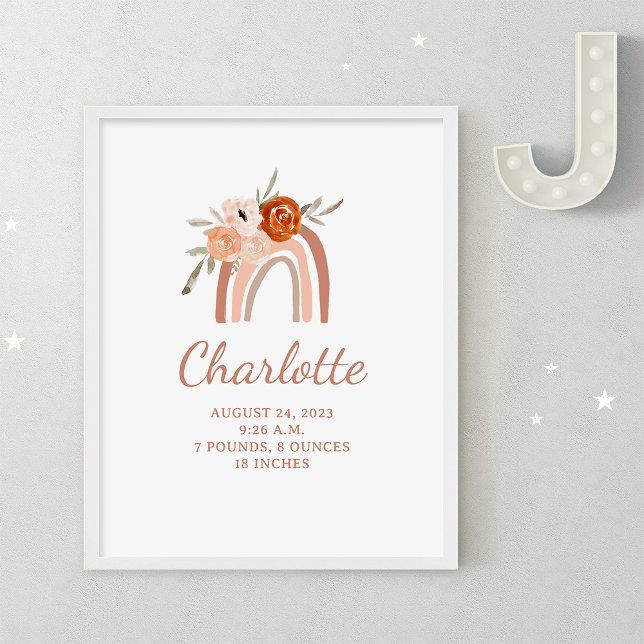 Cute Boho Rainbow | Newborn Baby Birth Stats Poster (A cute, boho baby birth stats poster with a terracotta rainbow and flowers)