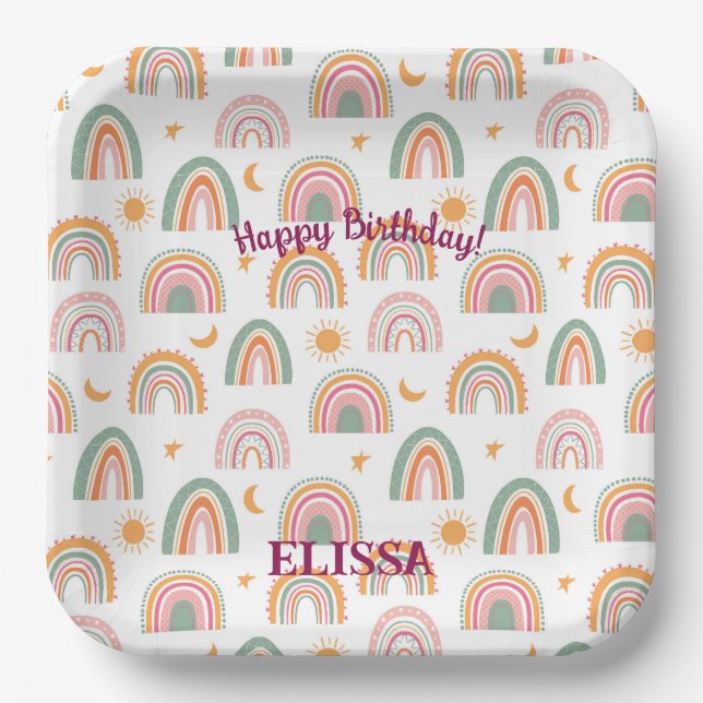 Cute Boho Rainbow Pattern Name Personalised Paper Plate (Front)