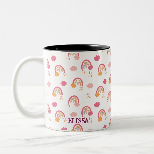 Cute Boho Rainbow Seamless Pattern Custom Name Two-Tone Coffee Mug (Left)