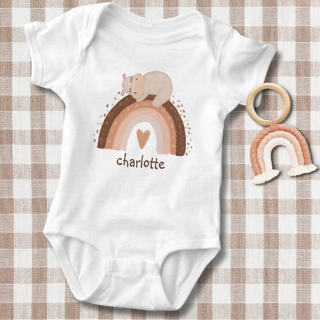 Cute Boho Rainbow with Sleeping Hippo Monogram  Baby Bodysuit (Creator Uploaded)