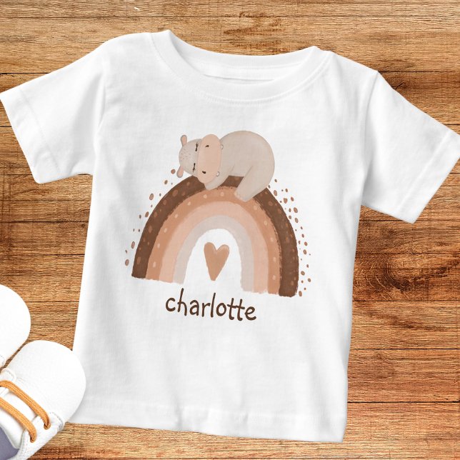 Cute Boho Rainbow with Sleeping Hippo Monogram  Baby T-Shirt (Creator Uploaded)