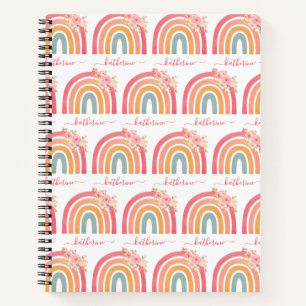 Cute Boho Rainbow with Watercolor Pink Florals Notebook