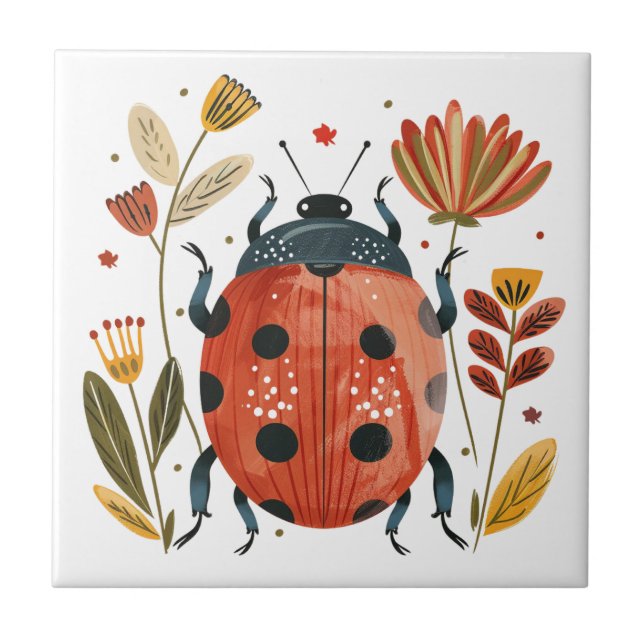 Cute Boho Red Ladybug Scandinavian Folk Art Tile (Front)