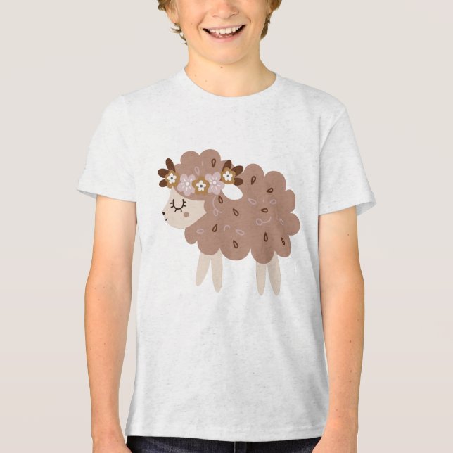 Cute Boho Sheep with Floral Crown Pastel Nursery  Tri-Blend Shirt (Front)