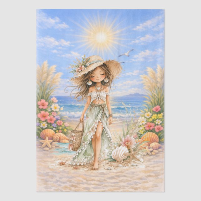 Cute Boho Style Girly Beach Scene Decoupage  Tissue Paper (Front)