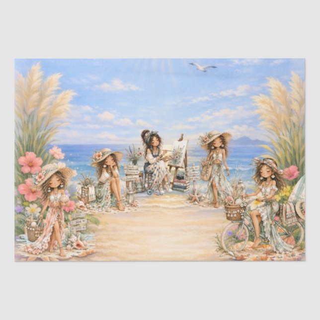 Cute Boho Style Girly Beach Scene Decoupage Tissue Paper (Front)