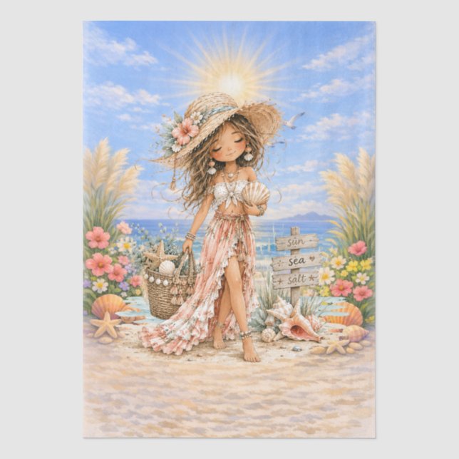 Cute Boho Style Girly Beach Scene Decoupage  Tissue Paper (Front)