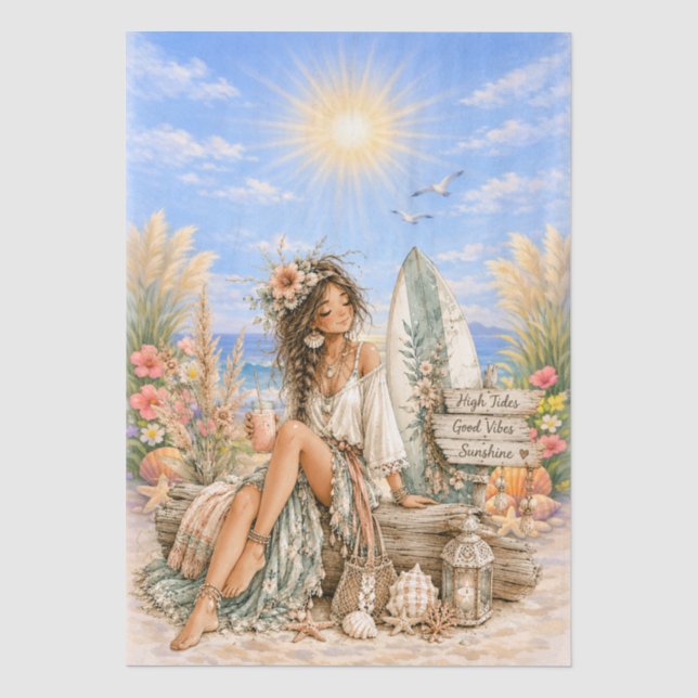 Cute Boho Style Girly Beach Scene Decoupage  Tissue Paper (Front)