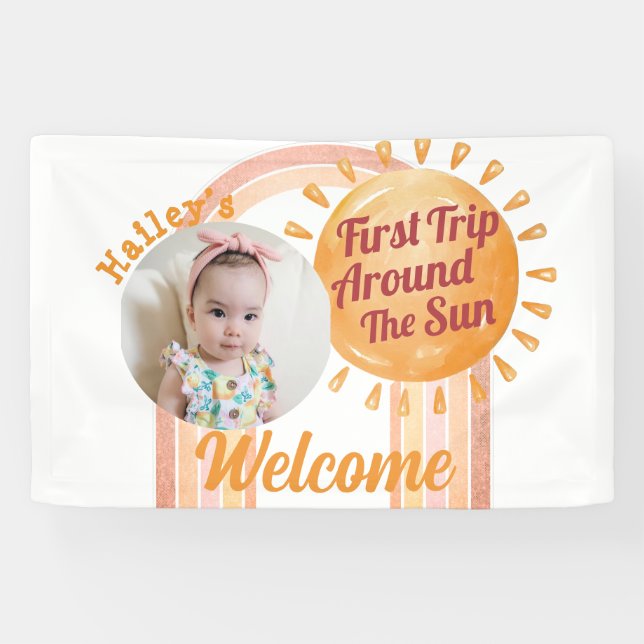 Cute Boho Sun Girls First Birthday Photo  Banner (Horizontal)