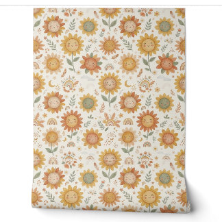 Cute Boho Sunflower Nursery Sun & Rainbow Pattern Wallpaper