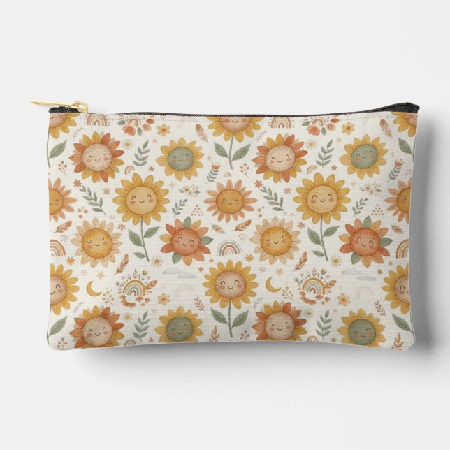 Cute Boho Sunflower Sun & Rainbow Seamless Pattern Accessory Pouch (Front)