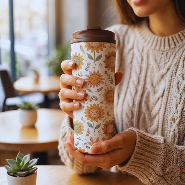 Cute Boho Sunflower Sun & Rainbow Seamless Pattern Thermal Tumbler (Cute boho sunflower travel mug: aesthetic insulated coffee tumbler for cozy autumn days)