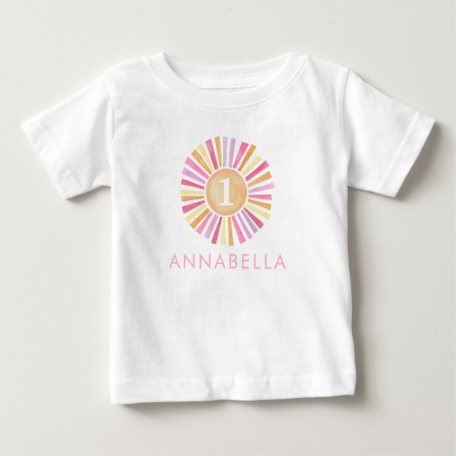Cute Boho Sunshine Girls First 1st Birthday Sun Baby T-Shirt (Front)