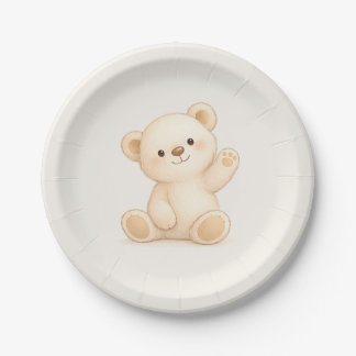 Cute Boho Teddy Bear Baby Shower Neutral Paper Plate