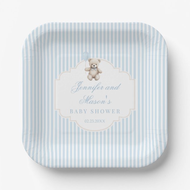 Cute boho teddy bear blue balloon baby boy shower paper plate (Front)