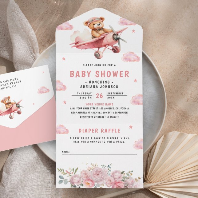 Cute Boho Teddy Bear Pink Aeroplane Baby Shower All In One Invitation (Creator Uploaded)