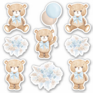 Cute Boho Teddy Bear with Pastel Blue Balloon