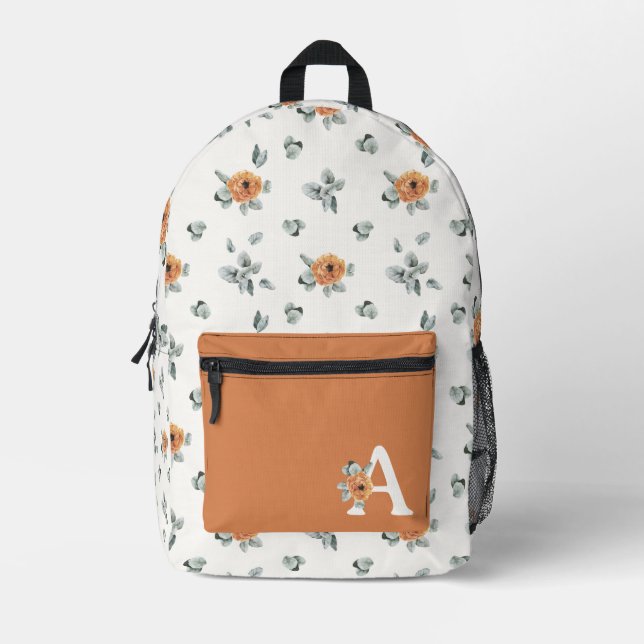 Cute Boho Terracotta Floral Greenery Monogram Printed Backpack (Front)